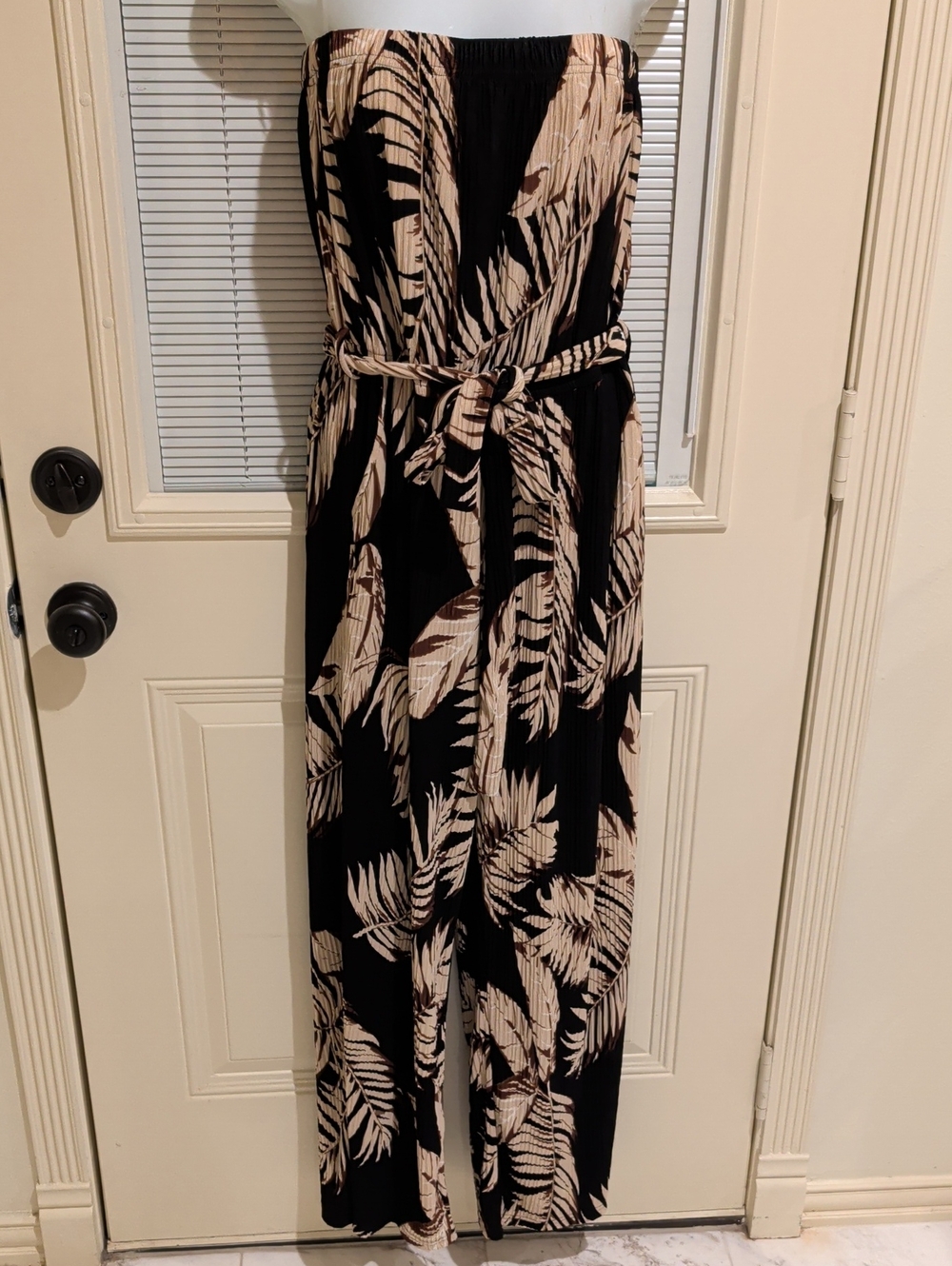 Strapless Black and Beige Leaf-Print Jumpsuit Size M
